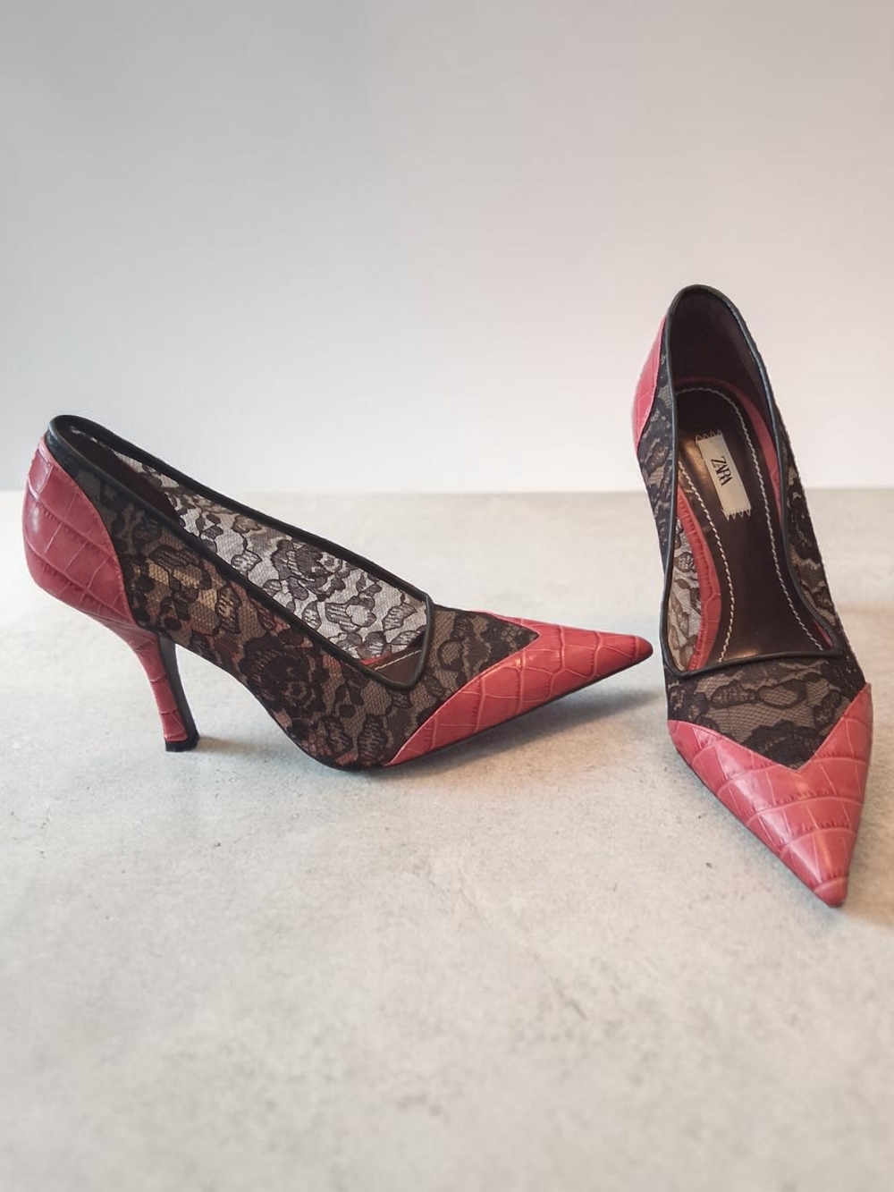 Zara Red Lace Pointed Toe Kitten Heel Pumps